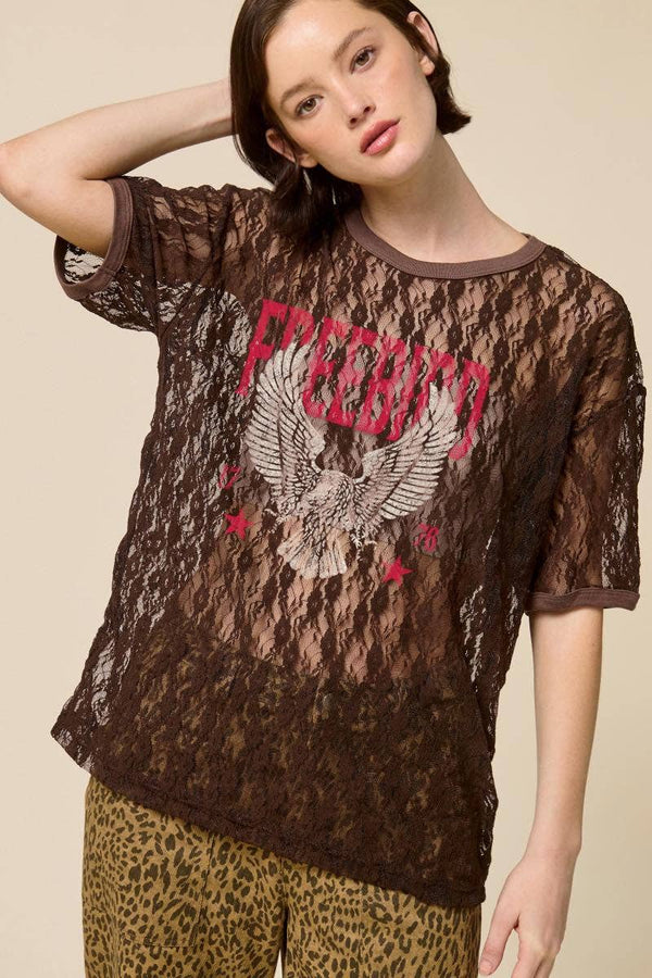 Free Bird 1776 Vintage Graphic Sheer Lace Tee - Blush & Cactus