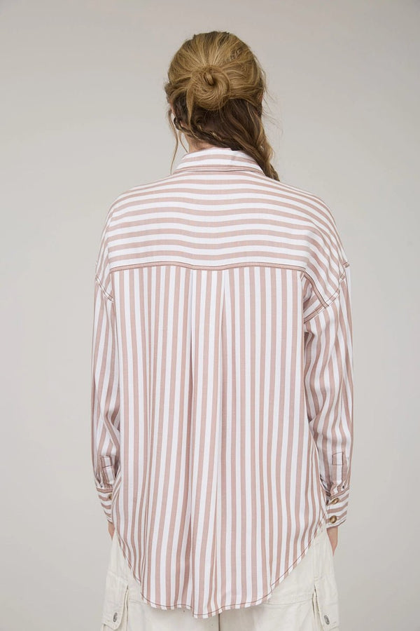 Stripe Collared Button Down Long Sleeve Shirt - Blush & Cactus