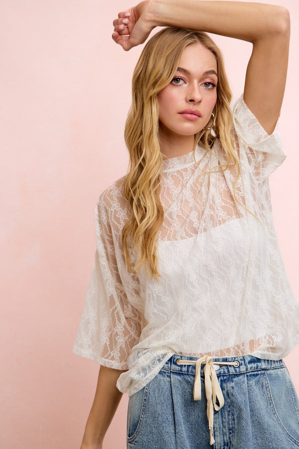 Floral Pattern Short Sleeves Boxy Mesh Top