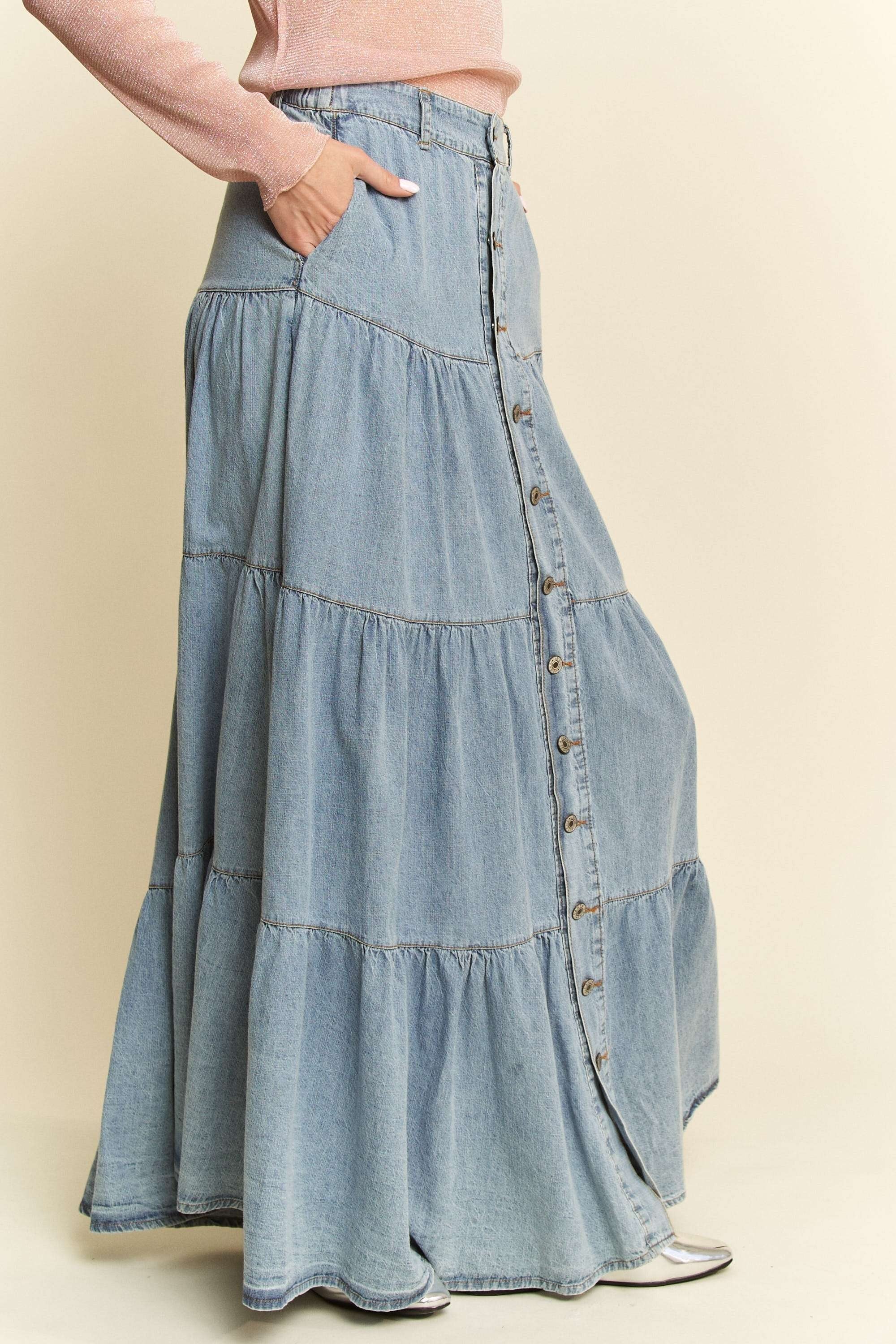 Davi & Dani Denim Button Front Ruffle Hem Denim Maxi Skirt