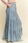 Davi & Dani Denim Button Front Ruffle Hem Denim Maxi Skirt