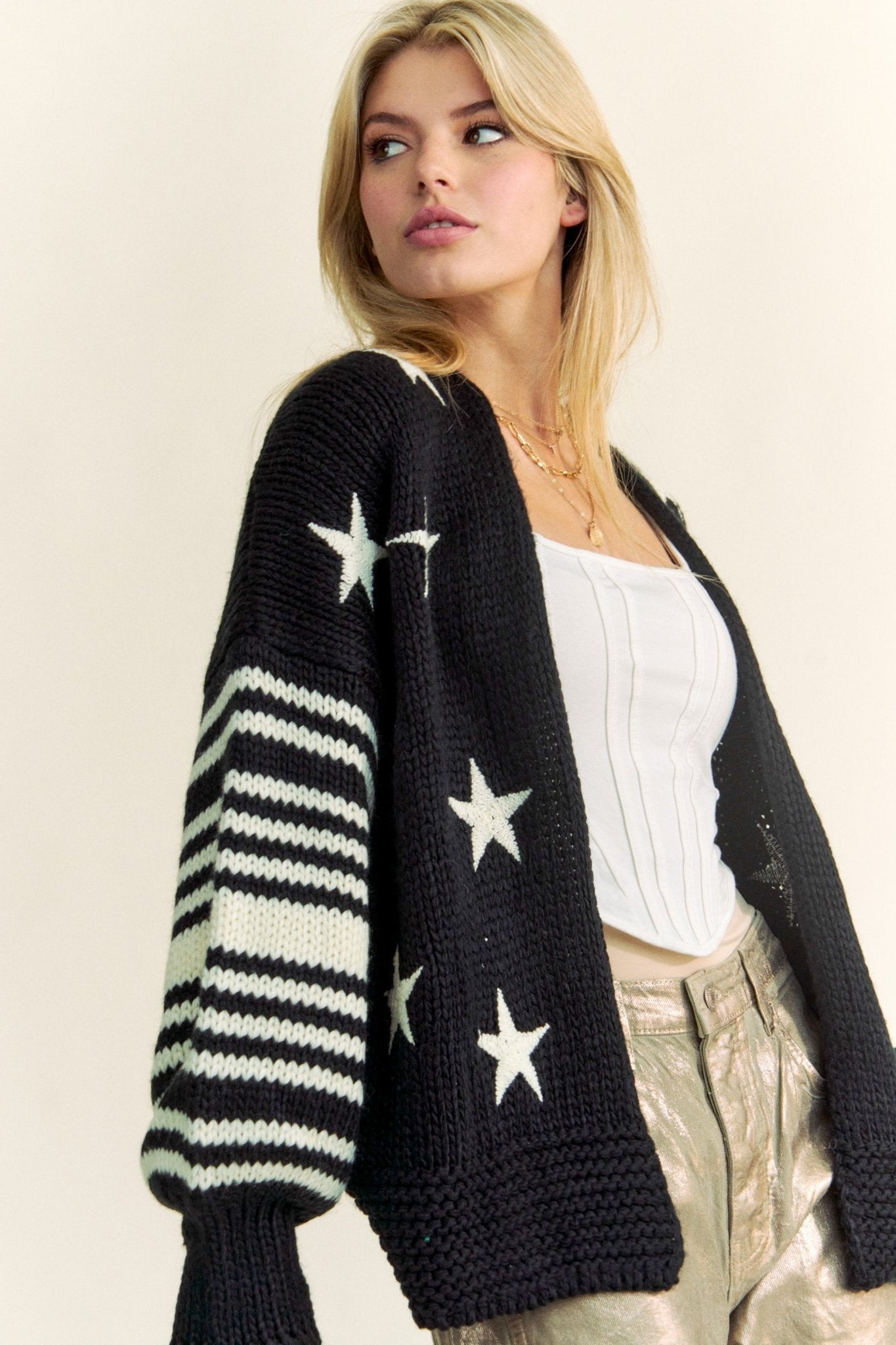 Davi & Dani Star Printed Loose Fit Stripe Long Sleeve Cardigan - Curvy Size - Blush & Cactus