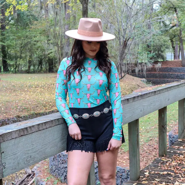 Cute Heifer Long Sleeve Mesh Top - Skull