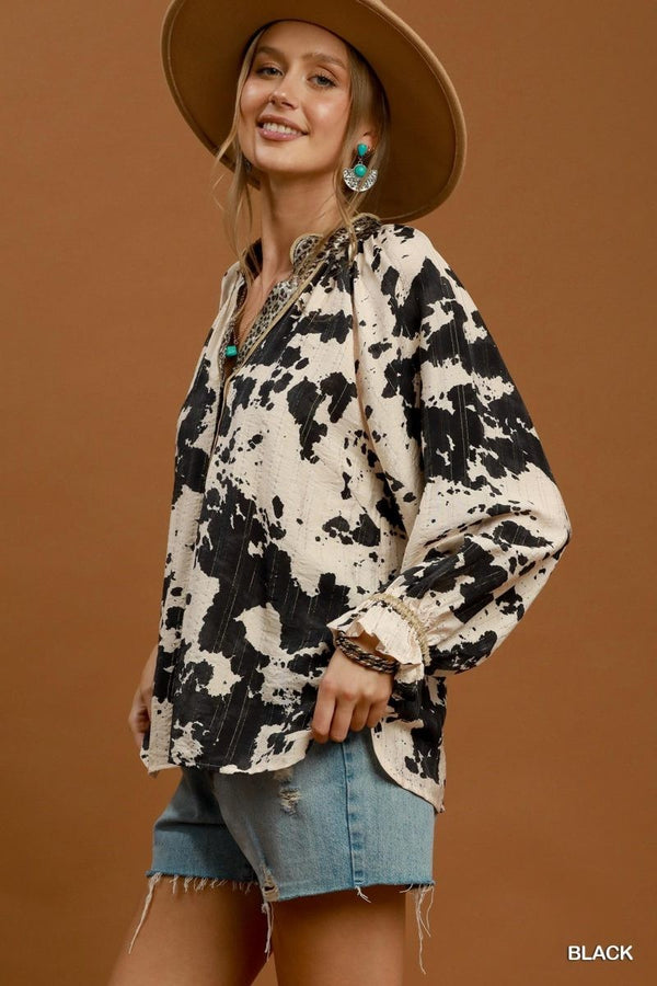 Umgee Cowhide Print Contrast Trim Blouse