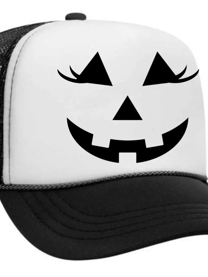 Pumpkin Face with Lashes Halloween Trucker Hat Cap - 3 Colors - Blush & Cactus