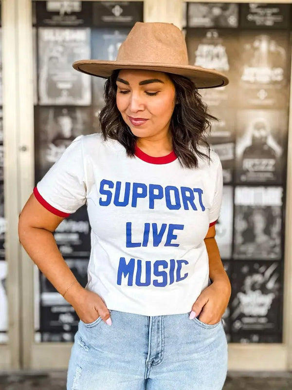 Support Live Music Vintage Ringer Shirt, Graphic Tee - Blush & Cactus