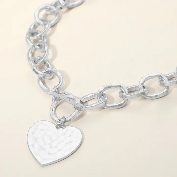 Hammered Metal Heart Charm Chunky Chain Toggle Necklace