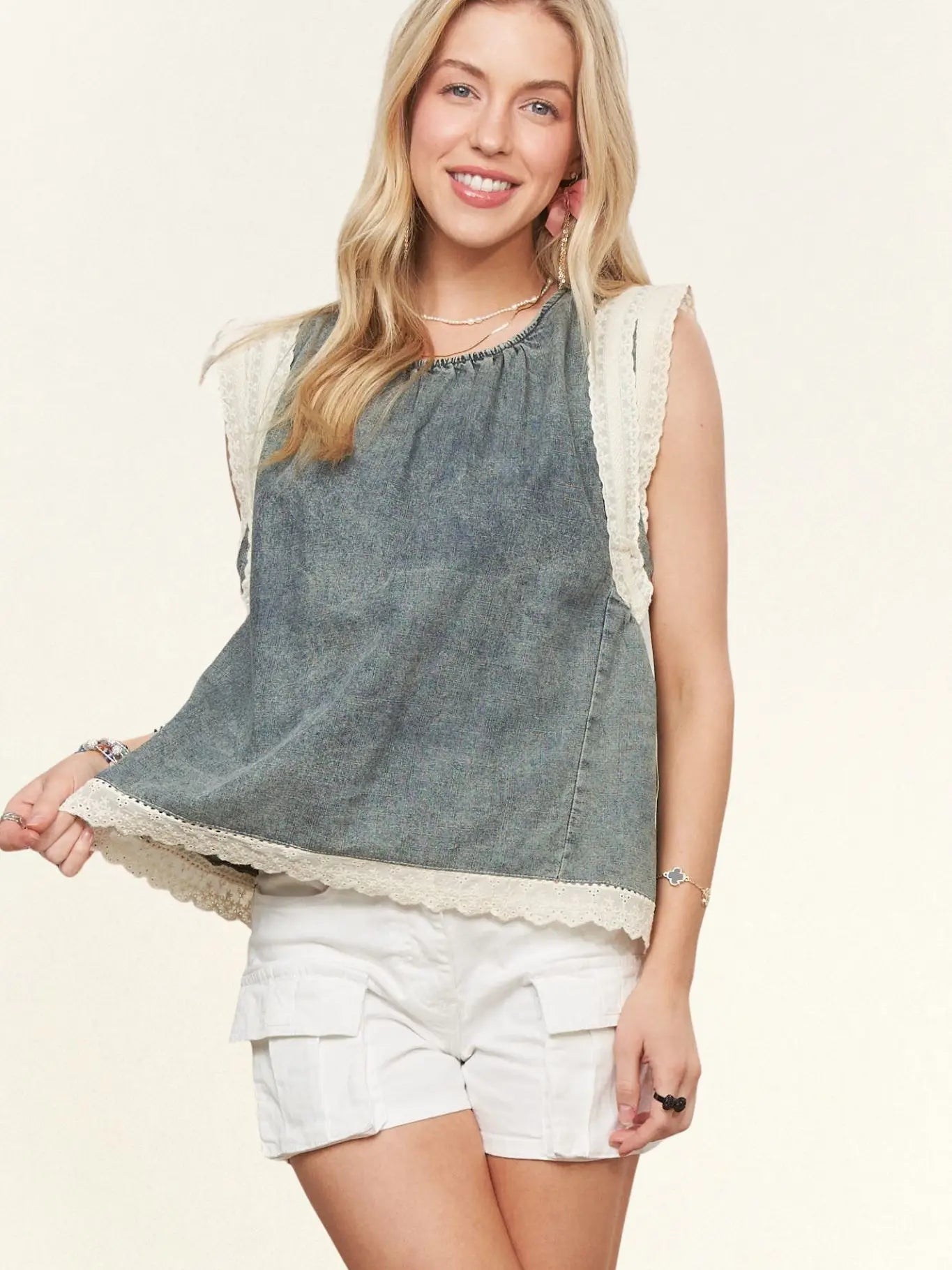 Denim Lace Trim Blouse - Blush & Cactus