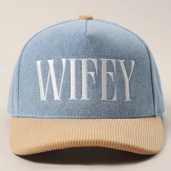 Wifey Two - Tone Denim Corduroy Trucker Hat - Blush & Cactus