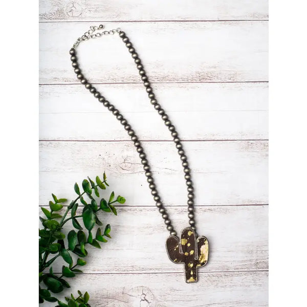 Wanted and Wild Black Cowhide Cactus Pendant On Navajo Pearls Necklace