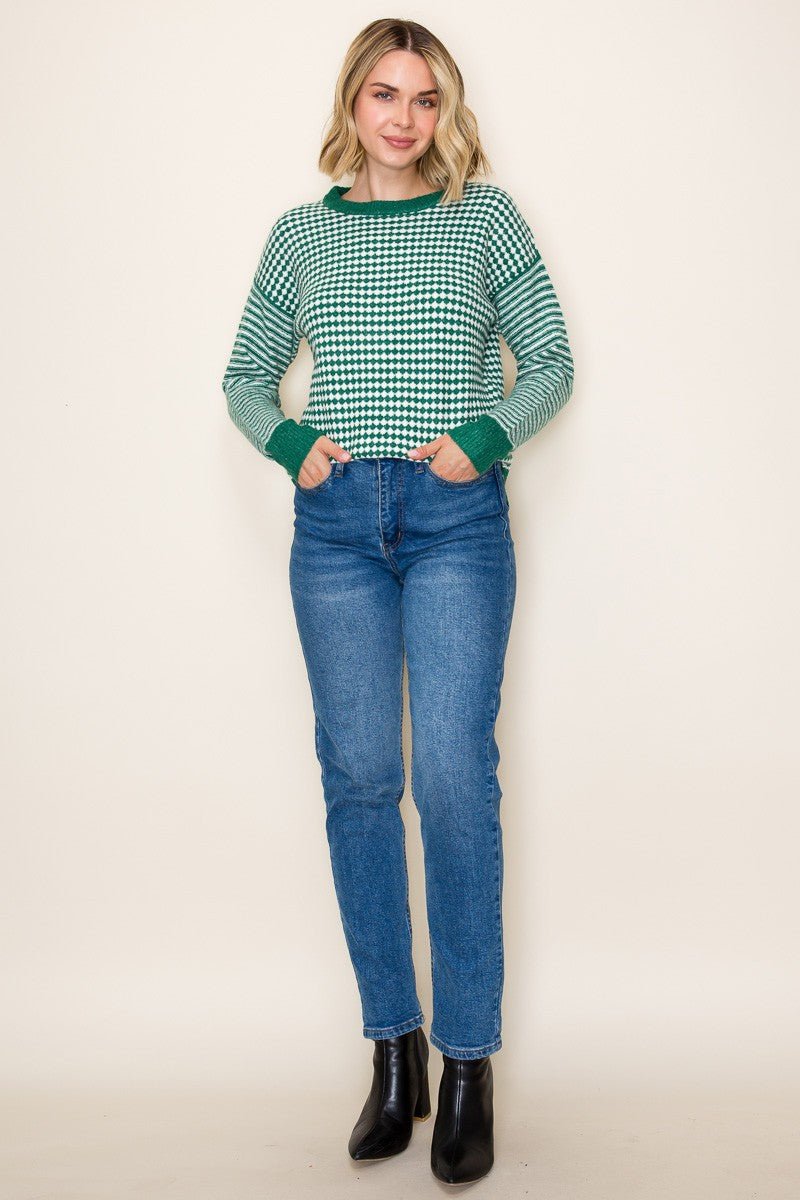 Checker Board And Stripe Mix Media Sweater - Blush & Cactus