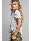 POL Round Neck Short Sleeve Button Closure Crochet Top - Blush & Cactus