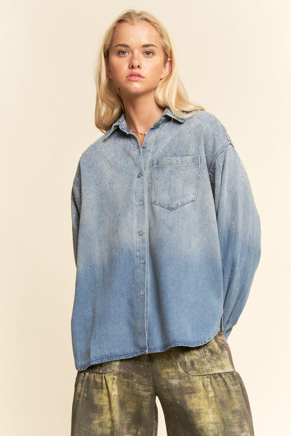 Davi & Dani Oversized Rhinestone Chest Pocket Denim Shirt - Blush & Cactus
