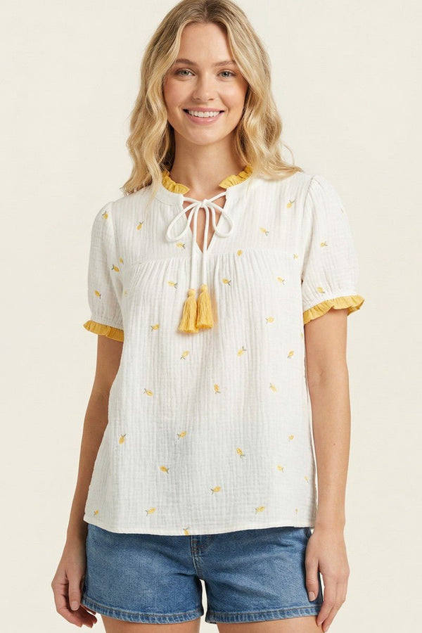 Gauze Fruit Embroidered Top - Blush & Cactus