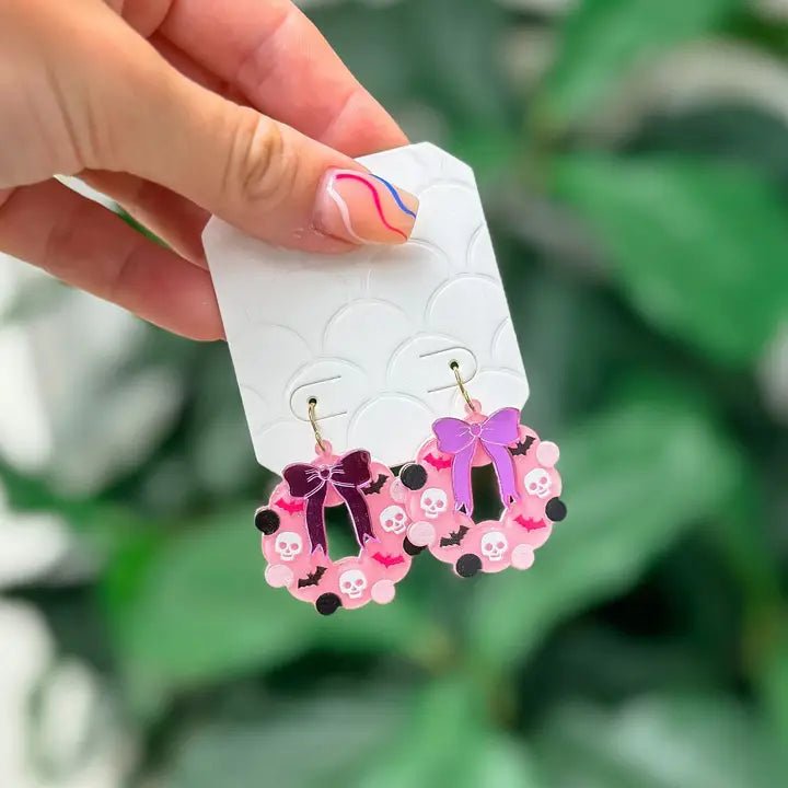 Pink Halloween Wreath Dangle Earrings - Blush & Cactus