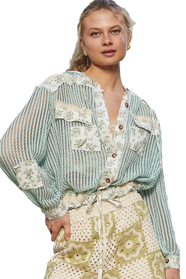 POL Vintage Washed Crochet Hoodie Jacket with Patchwork