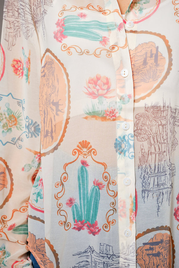 Blue B Western Print Chiffon Shirt - Blush & Cactus