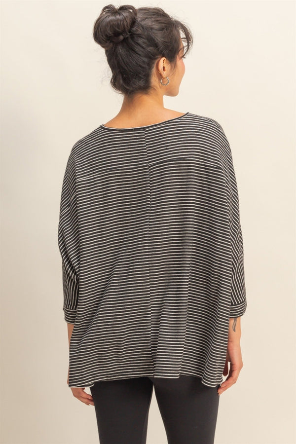 Brushed Fabric Striped Oversized 3/4 Sleeve Top - Blush & Cactus