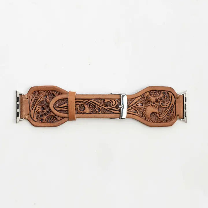 Myra Lone Star Handtooled Leather Watch Band in Antique Saddle Brown