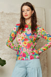 Flower Printed Mesh Round Neck Long Sleeve Top - Curvy Size