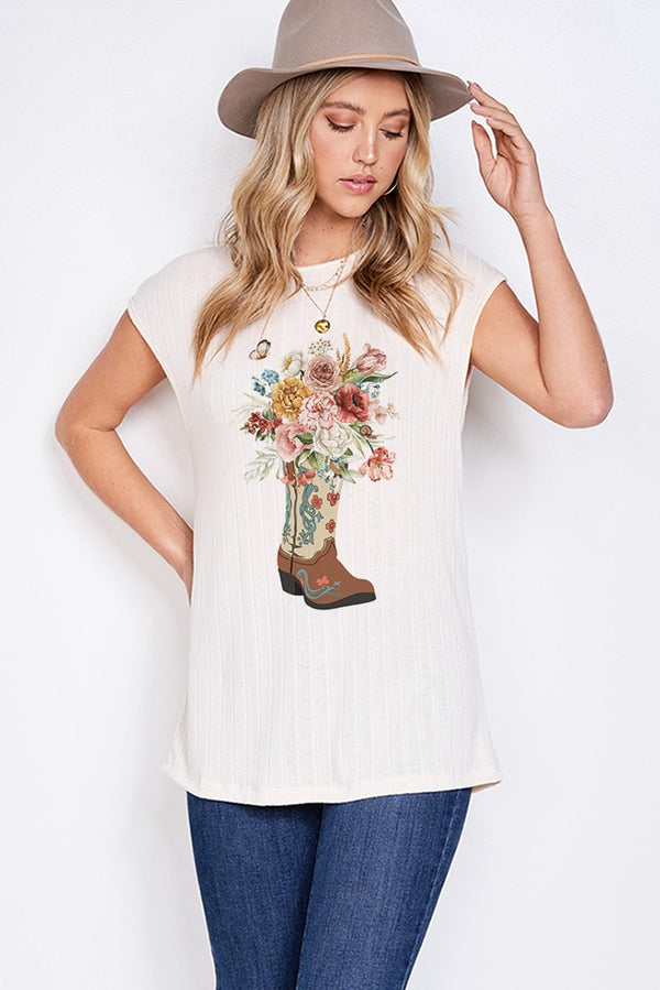 Phil Love Flower Boots Cap Sleeve Top