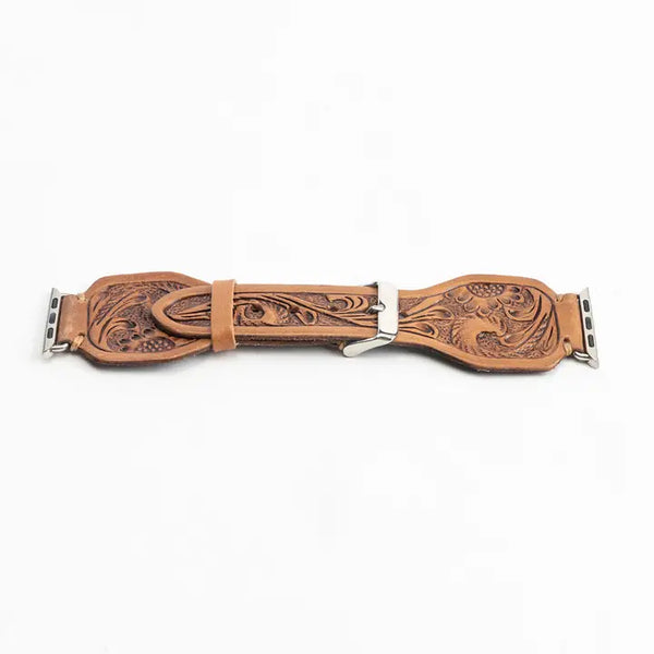 Myra Lone Star Handtooled Leather Watch Band in Antique Saddle Brown