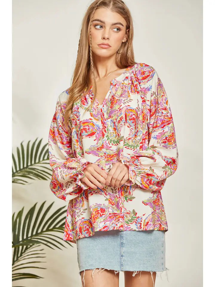Relax Fit Print Top with Balloon Sleeves