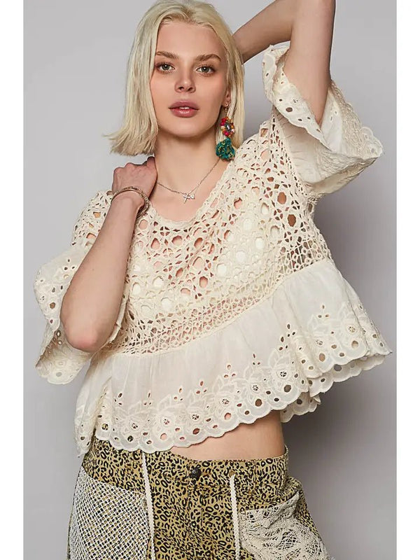 POL Round Neck Short Sleeve Floral Eyelet Crochet Top - Blush & Cactus