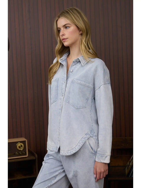 Acid Washed Collared Button Down Knit Shacket - Blush & Cactus