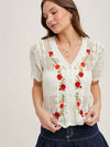 Floral Embroidered Button Down Knit Top