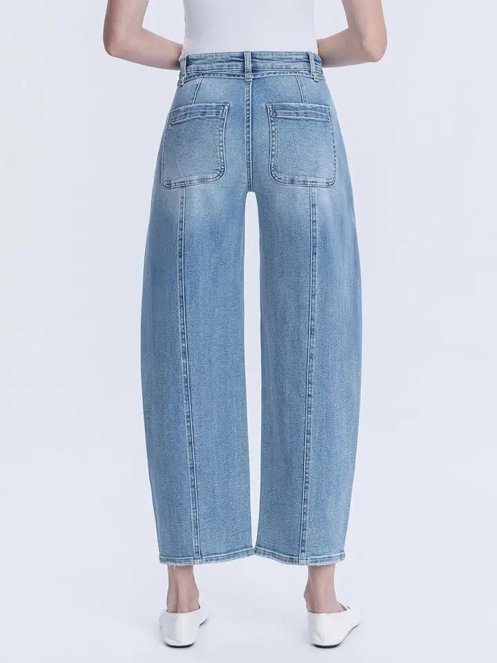 Lovervet High Rise Waist Tie Crop Wide Barrel Jeans - Blush & Cactus