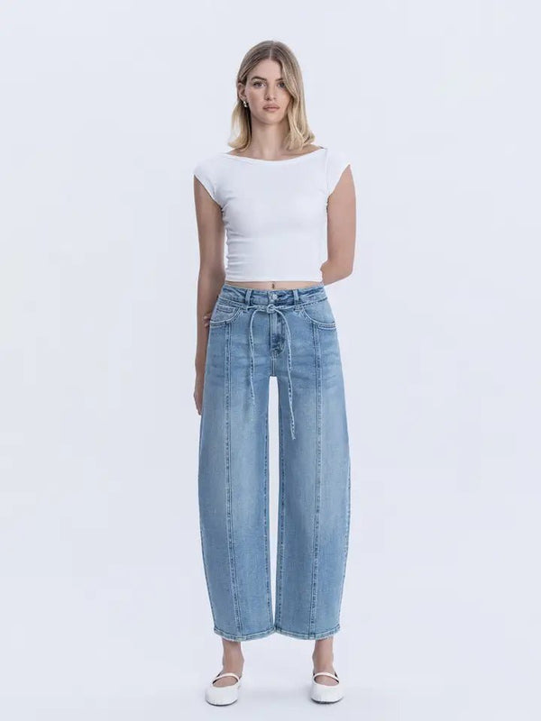 Lovervet High Rise Waist Tie Crop Wide Barrel Jeans - Blush & Cactus