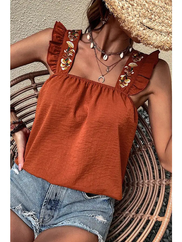 Embroidered Ruffle Sleeve Tank