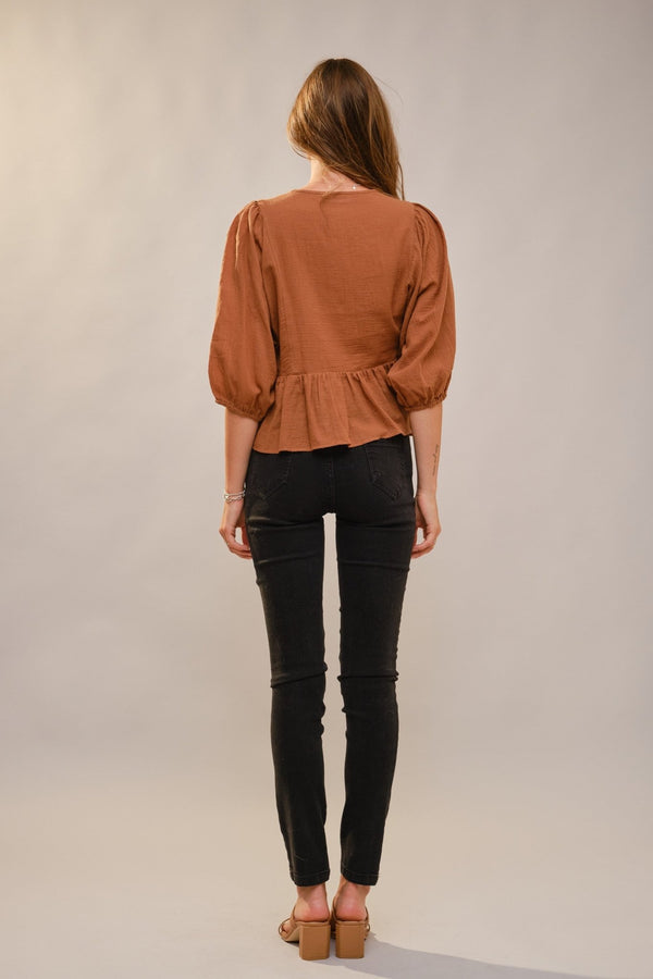 Blue B 3/4 Puff Sleeve Embroidered Peplum Blouse - Blush & Cactus