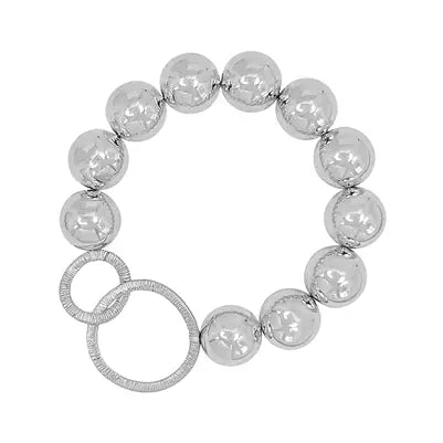 Silver Beaded with Double Circle Accent Stretch Bracelet