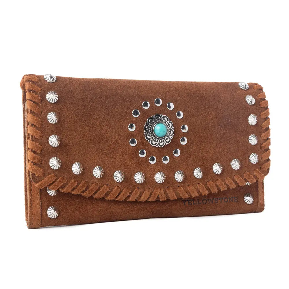 Myra Yellowstone Briar Meadow Studded Suede Leather Women’S Purse in Desert Tan