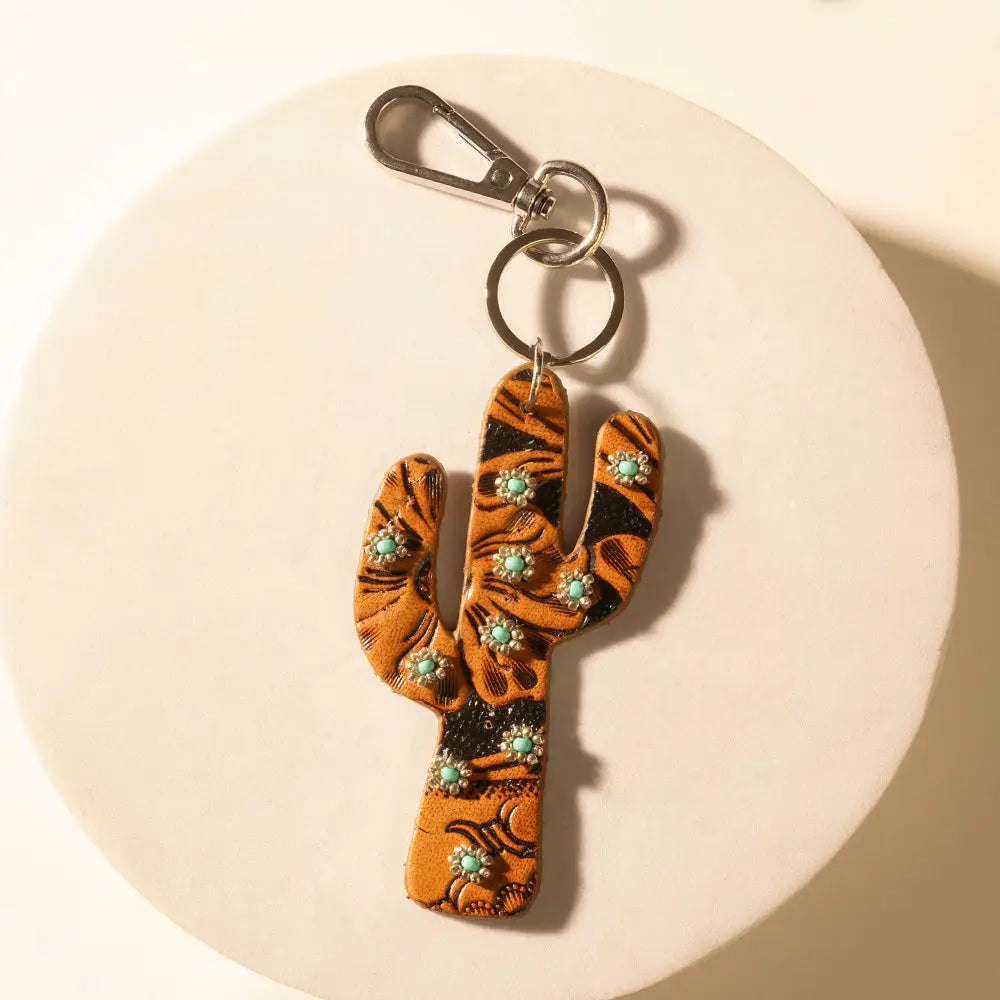 Cactus Prairie Handtooled Leather Key Fob in Canyon Teal