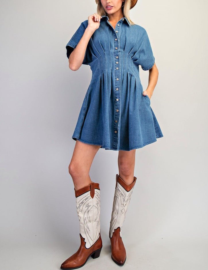 eesome Pleated Button Down Denim Mini Dress - Blush & Cactus