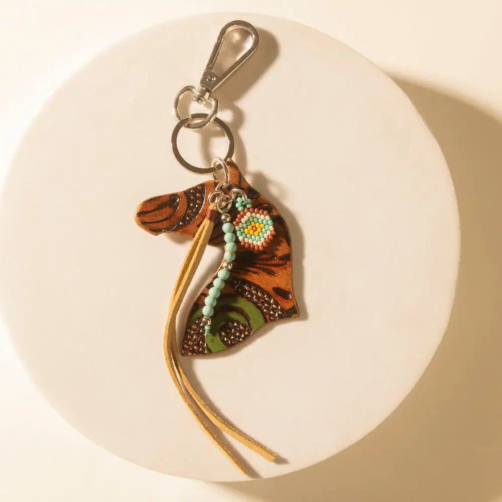 Western Star Horse Handtooled Leather Key Fob in Amber Turquoise - Blush & Cactus
