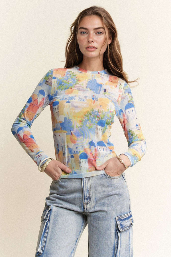 Davi & Dani Multi Printed Mesh Round neck Long Sleeve Top