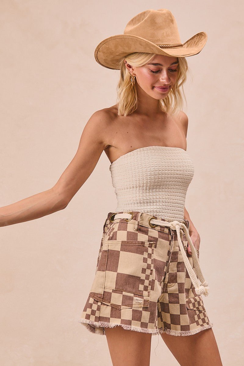 BIBI Washed Checker Board Printed Braided Waist Belt - Blush & Cactus