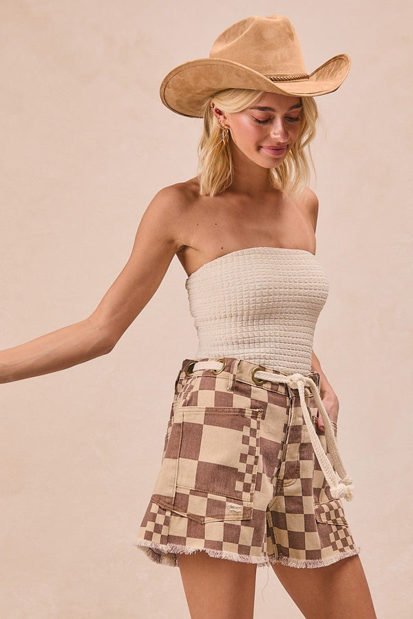 BIBI Washed Checker Board Printed Braided Waist Belt - Blush & Cactus