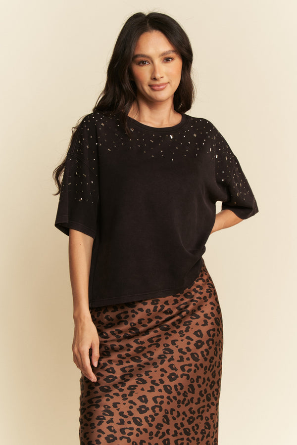 Davi & Dani Hotfix Studded Short Sleeve Loose Fit Top - Curvy Size