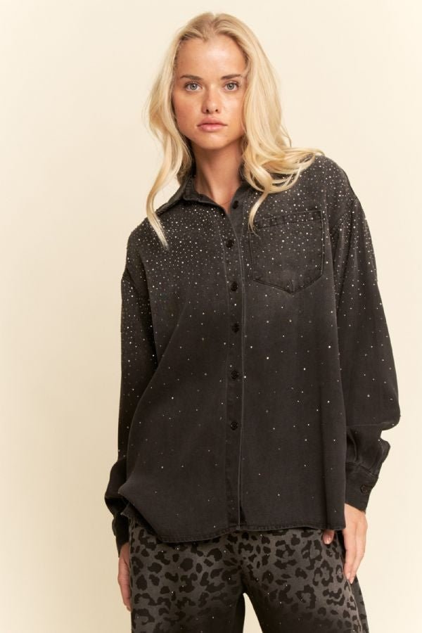 Davi & Dani Oversized Rhinestone Chest Pocket Denim Shirt - Blush & Cactus