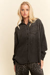 Davi & Dani Oversized Rhinestone Chest Pocket Denim Shirt - Blush & Cactus