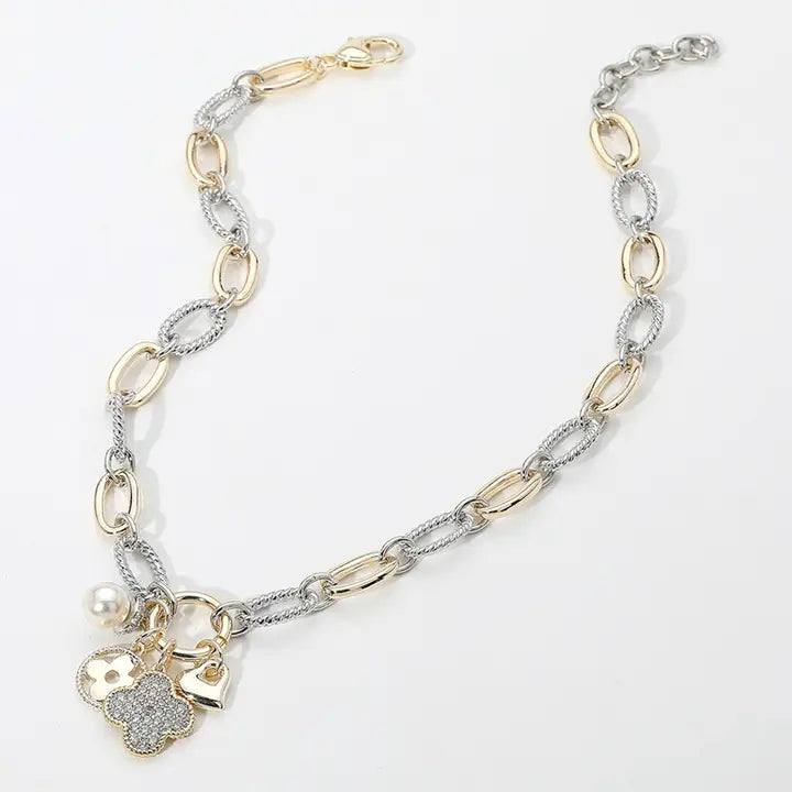 14K Gold Plated Cz Paved Quatrefoil Metal Heart Necklace