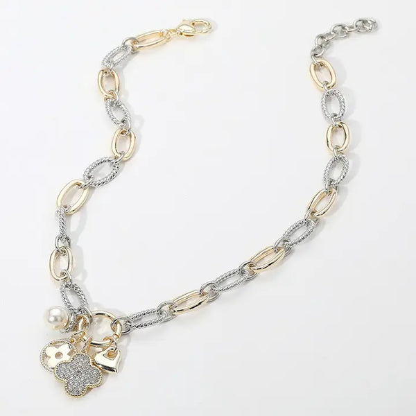 14K Gold Plated Cz Paved Quatrefoil Metal Heart Necklace