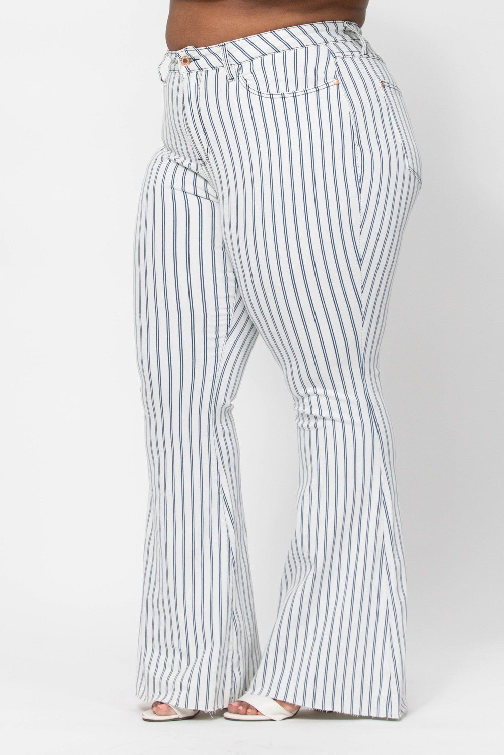 Judy Blue Hi-Waist Super Flare White Pinstripe Jean - Curvy Size - Blush & Cactus