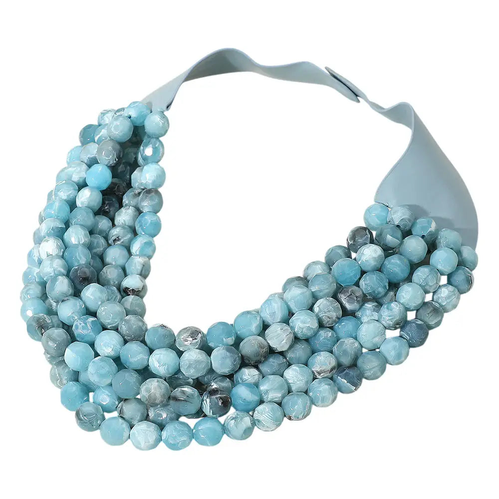 Marbled Faceted Ball Beaded Multi Layered Faux Leather Magnetic Necklace