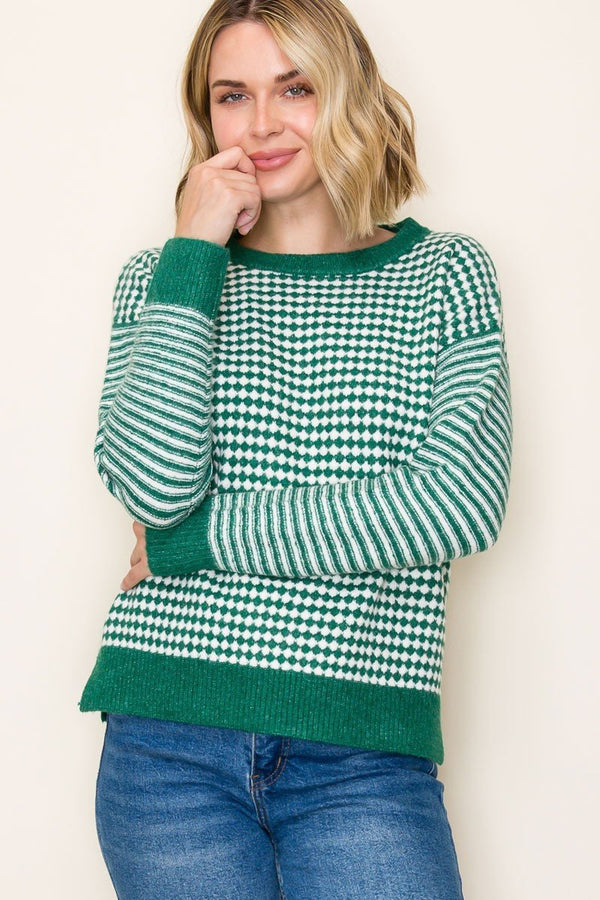 Checker Board And Stripe Mix Media Sweater - Blush & Cactus